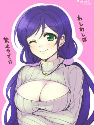 Rule 34 | 10s, 1girl, ;), breasts, cleavage, cleavage cutout, clothing cutout, green eyes, large breasts, long hair, looking at viewer, love live!, love live! school idol project, meme attire, one eye closed, open-chest sweater, purple hair, ribbed sweater, smile, solo, sweater, tojo nozomi, translation request, turtleneck, twintails, twitter username, uzu hi