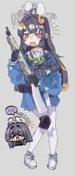 Rule 34 | 1girl, ahoge, animal ears, binoculars, black gloves, black hair, blue archive, blue serafuku, blue skirt, blunt bangs, blush, bolt action, bright pupils, chibi, crying, fake animal ears, gloves, green neckerchief, grey background, grey halo, gun, halo, highres, holding, holding weapon, knee pads, leaf, leaf on head, long hair, long sleeves, looking to the side, miyu (blue archive), mosin-nagant, neckerchief, odmised, open mouth, pantyhose, pleated skirt, rabbit ears, red eyes, rifle, sailor collar, school uniform, serafuku, shirt, shoes, simple background, skirt, solo, standing, two-tone skirt, weapon, white pantyhose, white pupils, white sailor collar