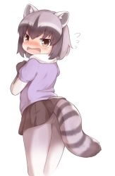 Rule 34 | 10s, 1girl, animal ears, black gloves, black hair, black skirt, blush, brown eyes, common raccoon (kemono friends), fang, flying sweatdrops, from behind, fur trim, gloves, grey hair, hand up, kemono friends, looking at viewer, looking back, matsuu (akiomoi), miniskirt, multicolored hair, open mouth, pantyhose, raccoon ears, raccoon tail, short sleeves, simple background, skirt, solo, tail, tears, wavy mouth, white background, white pantyhose