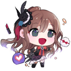 Rule 34 | 1girl, :d, arm warmers, bang dream!, black eyes, black feathers, black footwear, black ribbon, boots, bottle, brooch, brown hair, chibi, cosmetics, dress, feather hair ornament, feathers, full body, hair ornament, half updo, imai lisa, jewelry, kongya, lipstick tube, long hair, neck ribbon, open mouth, perfume bottle, powder puff, red feathers, red ribbon, ribbon, simple background, smile, solo, standing, white background