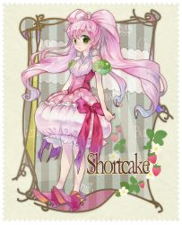 Rule 34 | 1girl, arms at sides, bow, bubble skirt, dress, dress bow, english text, flower, food, fruit, full body, green eyes, highres, long hair, original, pink bow, pink hair, polka dot, ribbon, shoes, skirt, smile, solo, strawberry, strawberry blossoms, tiara, twintails, u to i