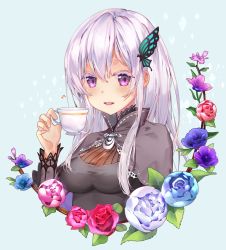 Rule 34 | 1girl, black capelet, black dress, blue background, blue flower, blue rose, breasts, butterfly hair ornament, capelet, colored eyelashes, commentary request, cropped torso, cup, dress, echidna (re:zero), flower, hair between eyes, hair ornament, hand up, highres, holding, holding cup, long sleeves, looking at viewer, medium breasts, mintchoco (orange shabette), parted lips, purple eyes, purple flower, re:zero kara hajimeru isekai seikatsu, red flower, red rose, rose, silver hair, solo, tea, teeth, upper body, upper teeth only