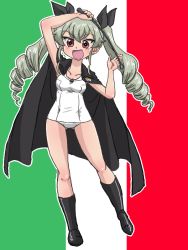 Rule 34 | 1girl, :d, anchovy (girls und panzer), arm up, black cape, black footwear, black ribbon, boots, brown eyes, cape, commentary, drill hair, flag background, full body, girls und panzer, green hair, hair ribbon, holding, italian flag, knee boots, long hair, looking at viewer, old school swimsuit, one-piece swimsuit, open mouth, outline, ribbon, riding crop, school swimsuit, smile, solo, standing, swimsuit, takahashi kurage, textless version, twin drills, twintails, white one-piece swimsuit, white outline