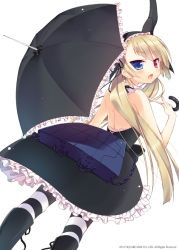 Rule 34 | 1girl, :d, bare back, black dress, blonde hair, blue eyes, blush, boots, dress, frills, from behind, galaxy dungeon, hairband, hetero, heterochromia, lolita hairband, long hair, looking at viewer, open mouth, pantyhose, red eyes, sazaki ichiri, smile, solo, striped clothes, striped pantyhose, twintails, umbrella, white background