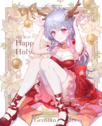 Rule 34 | 1girl, absurdres, ahoge, alternate costume, animal ears, antlers, arm up, armpits, arms up, bare arms, bare shoulders, bell, blue hair, blush, bow, breasts, christmas, christmas ornaments, christmas tree, cleavage, closed mouth, clothes between thighs, collar, collarbone, cross-laced footwear, daisy, deer ears, detached collar, dress, egasumi, english text, fake antlers, floral background, flower, frilled dress, frills, full body, fur-trimmed dress, fur trim, ganyu (genshin impact), genshin impact, goat horns, hair between eyes, hair ornament, hand up, hands up, hat, high heels, highres, holly, horns, jingle bell, knees together feet apart, knees up, large breasts, leaf, lily (flower), lily of the valley, long hair, looking at viewer, lotus, marker (medium), medium breasts, merry christmas, neck bell, new year, nyansan oekaki, palms, pink flower, purple eyes, red dress, red footwear, red ribbon, red skirt, reindeer, reindeer antlers, ribbon, sack, sandals, santa costume, santa dress, santa hat, shoes, sidelocks, sitting, skirt, sleeveless, sleeveless dress, smile, snowflake background, snowflakes, solo, star (symbol), strapless, strapless dress, thighhighs, thighs, traditional media, very long hair, waving, wavy hair, white flower, wreath