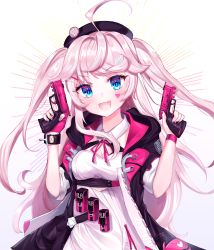 Rule 34 | 1girl, absurdres, bad id, bad pixiv id, black hat, black jacket, blue eyes, blush, breasts, commentary request, dress, facial mark, fangs, fingerless gloves, girls&#039; frontline, gloves, gun, h&amp;k p30, hair ornament, hairclip, handgun, hat, heart, heart facial mark, highres, holding, holding gun, holding weapon, jacket, long hair, looking at viewer, medium breasts, nail polish, pink gloves, pink hair, pink jacket, pink nails, pink ribbon, ribbon, short sleeves, single glove, solo, twintails, user gzwf2823, weapon, white dress, zipper