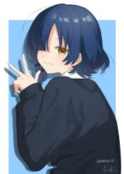 Rule 34 | 1girl, black sweater, blue background, blue hair, blush, bocchi the rock!, closed mouth, commentary request, dated, earrings, hair over one eye, hand up, highres, jewelry, long sleeves, looking to the side, shirt, short hair, signature, sk tsu96, smile, solo, split mouth, sweater, upper body, w, white shirt, yamada ryo, yellow eyes