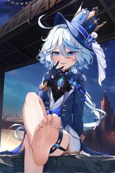 Rule 34 | 1girl, :d, absurdres, ahoge, ascot, barefoot, black ascot, blue eyes, blue hat, blue jacket, brooch, commentary request, feet, foot out of frame, furina (genshin impact), genshin impact, hair intakes, hat, highres, jacket, jewelry, long hair, looking at viewer, night, night sky, open clothes, open jacket, open mouth, outdoors, radoremo, sitting, sky, smile, soles, solo, star (sky), thigh strap, top hat, very long hair, white hair