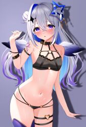 Rule 34 | 1girl, amane kanata, arm at side, arm belt, arm tattoo, armpit crease, bare arms, bare shoulders, belt, belt collar, bikini, black belt, black bikini, blue hair, blush, breasts, buckle, collar, cowboy shot, crossed bangs, double bun, gradient eyes, grey hair, groin, hair between eyes, hair bun, hair intakes, halo, halo ornament, halterneck, hand up, harness, heart, highres, hololive, lace, lace-trimmed bikini, lace trim, long hair, looking at viewer, mikumineko, multi-strapped bikini, multicolored eyes, multicolored hair, multicolored wings, navel, o-ring, o-ring thigh strap, parted lips, purple background, purple eyes, purple hair, purple thighhighs, shadow, simple background, skindentation, small breasts, solo, star halo, stomach, streaked hair, string bikini, swimsuit, tattoo, thigh strap, thighhighs, thighs, virtual youtuber, wings
