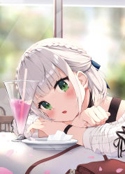 Rule 34 | 1girl, :o, absurdres, arm pillow, bag, black choker, blue ribbon, blush, braid, cherry blossoms, choker, commentary, day, drinking straw, french braid, glass, green eyes, hair ribbon, handbag, highres, hololive, indoors, keis (locrian1357), looking at viewer, official alternate costume, open mouth, ribbed sweater, ribbon, shirogane noel, shirogane noel (casual), short hair, sidelocks, silver hair, sitting, solo, sunlight, sweater, upper body, virtual youtuber, white sweater, wristband