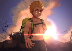 Rule 34 | 1boy, absurdres, backlighting, backpack, bag, bird, black pants, blonde hair, blurry, blurry background, character request, closed mouth, cloud, collarbone, commentary, commentary request, evening, green bag, highres, laserbiubiu, looking at viewer, male focus, messy hair, muscular, muscular child, navel, outdoors, outstretched arm, pants, reaching, reaching towards viewer, scenery, short hair, sky, smile, solo, spiked hair, sun, tokyo houkago summoners, topless male