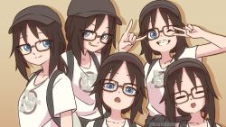 Rule 34 | 5girls, asaka yanoha, backpack, bag, baseball cap, beige background, black headwear, blue eyes, borrowed character, brown hair, chestnut mouth, clone, closed mouth, commentary, english commentary, closed eyes, glasses, hat, highres, horsefeathers, licking lips, long hair, looking at viewer, multiple girls, one eye closed, original, shadow, shirt, short sleeves, simple background, smile, teeth, tongue, tongue out, twitter username, upper body, vrchat, white shirt