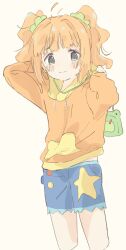 Rule 34 | 1girl, absurdres, blue shorts, cowboy shot, fkurou p, green eyes, hair ornament, hair scrunchie, hands up, highres, hood, hoodie, idolmaster, idolmaster (classic), long hair, orange hair, orange hoodie, scrunchie, shorts, simple background, sketch, solo, takatsuki yayoi, twintails, white background