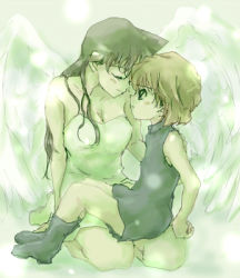 Rule 34 | 2girls, age difference, angel wings, arm around back, arm support, bare arms, bare shoulders, black dress, black footwear, blush, boots, breasts, brown hair, child, cleavage, closed eyes, dress, haibara ai, large breasts, long hair, lowres, meitantei conan, mouri ran, multiple girls, onee-loli, rion (oriorion), seiza, short hair, sitting, sitting on lap, sitting on person, white dress, white wings, wings, yuri