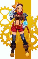 Rule 34 | 1girl, armor, bad id, bad twitter id, cryamore, cryamore condenser, detached sleeves, esmyrelda maximus, freckles, gloves, goggles, goggles on head, highres, long hair, matching hair/eyes, orange eyes, orange hair, pauldrons, robaato, salute, shoulder armor, sidelocks, smile, solo, spiked hair, thighhighs, white gloves