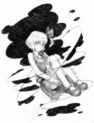 Rule 34 | 1girl, ascot, blouse, darkness, greyscale, hair ribbon, highres, hugging own legs, kneehighs, knees to chest, looking at viewer, matumasima, monochrome, ribbon, rumia, shirt, shoes, short hair, side ponytail, sitting, skirt, socks, solo, touhou, vest