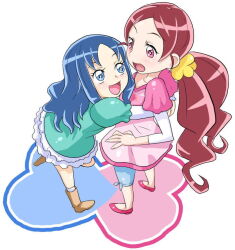 Rule 34 | 2girls, anime coloring, ankle socks, aqua dress, aqua sleeves, arms around waist, blue eyes, blue hair, blue shorts, boots, brown footwear, commentary request, dress, eyelashes, flower, frilled dress, frills, full body, hair flower, hair ornament, hanasaki tsubomi, heartcatch precure!, high heels, hug, kurumi erika, layered sleeves, light blush, long hair, long sleeves, looking at another, low twintails, multiple girls, no socks, open mouth, pink dress, pink eyes, pink footwear, pink sleeves, precure, puffy short sleeves, puffy sleeves, pumps, red hair, short dress, short over long sleeves, short sleeves, shorts, simple background, smile, socks, tied shorts, toryuu, twintails, very long hair, wavy hair, white background, white sleeves, white socks, yellow flower