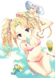 Rule 34 | 1girl, bikini, blonde hair, blue eyes, bottle, breasts, food, hair ribbon, heart, holding, kantaro, mouth hold, original, pink bikini, popsicle, ribbon, shoes, unworn shoes, small breasts, solo, swimsuit, twintails, water gun