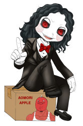 Rule 34 | 1other, billy the puppet, black hair, bow, bowtie, box, cardboard box, facing viewer, formal, full body, gender request, genderswap, gloves, ikuramaru, index finger raised, looking at viewer, puppet, red eyes, red neckwear, saw (movie), simple background, smile, suit, tagme, wavy hair, white background, white gloves