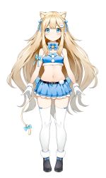 Rule 34 | 1girl, absurdres, animal ear fluff, animal ears, arm ribbon, bandeau, bare shoulders, bell, belt, blue bow, blue bowtie, blue eyes, blue ribbon, blue skirt, boots, bow, bowtie, brown hair, cat ears, cat girl, cat hair ornament, cat tail, crop top, detached collar, extra ears, facial mark, full body, fur trim, gloves, hair ornament, heart, highres, jingle bell, long hair, looking at viewer, midriff, miniskirt, navel, nyum, original, ribbon, simple background, skirt, smile, solo, standing, stomach, tail, tail bow, tail ornament, thighhighs, very long hair, white background, white gloves, white thighhighs, zettai ryouiki