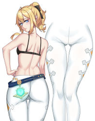 Rule 34 | 1girl, absurdres, ass, black bra, blonde hair, blue eyes, blush, bra, cameltoe, from behind, genshin impact, gluteal fold, hand on own hip, highres, jean (genshin impact), looking at viewer, pants, ponytail, solo, tight clothes, tight pants, underwear, white legwear, white pants
