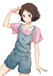 Rule 34 | 1girl, absurdres, arm up, brown hair, collared shirt, commentary request, cowboy shot, hand to head, highres, hyouka, ibara mayaka, light blush, looking at viewer, nishizuki shino, overalls, pink shirt, purple eyes, salute, shirt, short hair, simple background, smile, solo, standing, white background