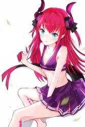 Rule 34 | 1girl, alternate costume, bare legs, bare shoulders, blue eyes, blush, breasts, cheerleader, collarbone, commentary request, curled horns, dragon girl, dragon horns, elizabeth bathory (fate), elizabeth bathory (fate/extra ccc), fate/extra, fate/grand order, fate (series), fyy (fyy8494), highres, horns, long hair, looking at viewer, pink hair, pointy ears, ribbon, simple background, skirt, small breasts, solo, tail, two side up, white background