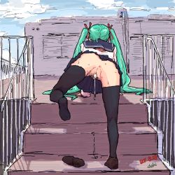 Rule 34 | 1girl, 2011, after vaginal, aftersex, anus, artist request, black thighhighs, cosplay, cum, cum in pussy, cumdrip, dated, from behind, green hair, hatsune miku, hatsune miku (cosplay), leaning forward, no panties, oekaki, outdoors, pleated skirt, pubic hair, pussy, rooftop, school uniform, serafuku, shoes, single shoe, skirt, solo, stairs, sweat, thighhighs, twintails, uncensored, vocaloid