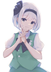 Rule 34 | 1girl, black bow, black bowtie, black eyes, black hairband, blue eyes, bow, bowtie, breasts, buttons, closed mouth, collar, collared shirt, ghost print, green skirt, green vest, hairband, hands up, highres, konpaku youmu, looking to the side, medium breasts, mikamiovo (pixiv), puffy short sleeves, puffy sleeves, shirt, short hair, short sleeves, silver hair, simple background, skirt, smile, solo, touhou, vest, white background, white shirt