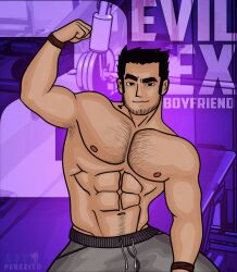 Rule 34 | 1boy, abs, armpit hair, armpit stubble, armpits, bara, beard stubble, black hair, facial hair, flexing, gym, highres, huge eyebrows, large pectorals, leaning to the side, lito perezito, looking at viewer, lucas lee, male focus, muscular, muscular male, navel, navel hair, nipples, pants, pectorals, purple background, scott pilgrim (series), scott pilgrim takes off, seductive smile, short hair, smile, solo, stomach, stubble, topless male, track pants