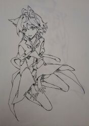 Rule 34 | 1other, absurdres, androgynous, animal ears, ascot, ballpoint pen (medium), cat ears, cat tail, chinese commentary, coat, commentary request, greyscale, highres, houlen yabusame, kemonomimi mode, kneeling, komatsu2536, layered sleeves, len&#039;en, long sleeves, monochrome, other focus, puffy short sleeves, puffy sleeves, short hair, short over long sleeves, short sleeves, simple background, smile, solo, tail, traditional media, white background, wide sleeves