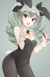 Rule 34 | 10s, 1girl, anchovy (girls und panzer), animal ears, bad id, bad pixiv id, black pantyhose, blush, breasts, detached collar, drill hair, fake animal ears, girls und panzer, green hair, hair ribbon, leotard, long hair, looking at viewer, mobu, open mouth, pantyhose, playboy bunny, rabbit ears, rabbit tail, red eyes, ribbon, riding crop, simple background, small breasts, solo, tail, twin drills, twintails