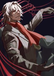 Rule 34 | 1boy, absurdres, antonio salieri (fate), antonio salieri (second ascension) (fate), ascot, clenched teeth, fate/grand order, fate (series), from side, grey hair, hair between eyes, haruakira, highres, jacket, long sleeves, looking at viewer, male focus, mature male, outstretched arms, red ascot, red eyes, short hair, solo, spread arms, striped clothes, striped jacket, teeth, upper body, vertical-striped clothes, vertical-striped jacket