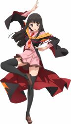 Rule 34 | 1girl, :&lt;, absurdres, arm up, artist request, belt, belt buckle, black cloak, black hair, black thighhighs, blunt bangs, breasts, brown belt, brown footwear, buckle, cloak, crane stance, diagonal-striped clothes, diagonal-striped necktie, dress, floating clothes, foot up, full body, highres, knee up, kono subarashii sekai ni bakuen wo!, kono subarashii sekai ni shukufuku wo!, loafers, long hair, looking at viewer, necktie, nerimaki, off shoulder, official art, open mouth, orange necktie, pink dress, promotional art, red cloak, red necktie, red prison magic school uniform, school uniform, shoes, short dress, simple background, small breasts, solo, standing, standing on one leg, striped clothes, tachi-e, thighhighs, third-party source, two-sided fabric, two-tone cloak, white background, wide sleeves, zettai ryouiki