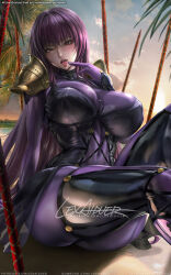 Rule 34 | 1girl, abs, beach, bodysuit, breasts, cleavage, eyebrows hidden by hair, fate/grand order, fate (series), gloves, huge breasts, lexaiduer, long hair, looking at viewer, open mouth, purple eyes, purple gloves, red eyes, sakimichan (style), scathach (fate), see-through, see-through cleavage, sitting, smile, solo, tongue, tongue out