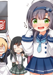 Rule 34 | 3girls, anger vein, asashio (kancolle), black hair, blonde hair, blue eyes, blue neckerchief, blue sailor collar, blue skirt, comiching, commentary request, dress, drum (container), gloves, gradient hair, green eyes, grey skirt, hat, highres, jervis (kancolle), kantai collection, long hair, long sleeves, looking at viewer, matsuwa (kancolle), multicolored hair, multiple girls, neckerchief, pleated skirt, purple hair, sailor collar, sailor dress, sailor hat, school uniform, serafuku, shirt, short sleeves, simple background, skirt, suspender skirt, suspenders, torpedo, v, white background, white dress, white gloves, white headwear, white shirt