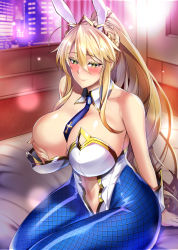 Rule 34 | 1girl, ahoge, animal ears, artoria pendragon (all), artoria pendragon (fate), artoria pendragon (swimsuit ruler) (fate), bare shoulders, blonde hair, blue necktie, blue pantyhose, braid, breasts, cleavage, closed mouth, clothing cutout, covering privates, covering breasts, detached collar, fake animal ears, fate/grand order, fate (series), fishnet pantyhose, fishnets, french braid, green eyes, hair between eyes, highleg, highleg leotard, kumakichi (cost-lost), large breasts, leotard, long hair, navel, navel cutout, necktie, one breast out, pantyhose, playboy bunny, ponytail, rabbit ears, sidelocks, sitting, smile, solo, thighs, tiara, white leotard, wrist cuffs