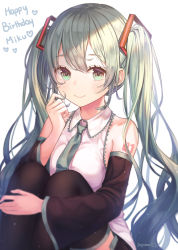 Rule 34 | 1girl, aqua eyes, aqua hair, aqua necktie, artist name, bare shoulders, black skirt, black thighhighs, blurry, blush, closed mouth, collared shirt, commentary, detached sleeves, hair ornament, hand up, happy birthday, hatsune miku, highres, knees up, long hair, long sleeves, looking at viewer, miniskirt, necktie, shirt, sidelocks, simple background, sitting, skirt, smile, solo, soyubee, thighhighs, translated, twintails, very long hair, vocaloid, white background, white shirt