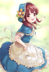 Rule 34 | 1girl, :d, apron, apron lift, blue capelet, blue dress, blurry, blurry background, blush, brown eyes, brown hair, capelet, clothes lift, commentary request, depth of field, dress, dress lift, flower, frilled apron, frills, highres, hood, hood up, hooded capelet, idolmaster, idolmaster cinderella girls, kuroba aki, long hair, looking at viewer, ogata chieri, open mouth, pinafore dress, puffy short sleeves, puffy sleeves, shirt, short sleeves, sleeveless, sleeveless dress, smile, solo, waist apron, white apron, white shirt, yellow flower