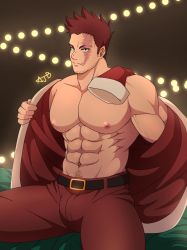 Rule 34 | 1boy, ajb11, alternate costume, bara, bare pectorals, beard, blue eyes, boku no hero academia, bulge, christmas, endeavor (boku no hero academia), facial hair, feet out of frame, hat, highres, jacket, large pectorals, male focus, mature male, muscular, muscular male, navel, navel hair, nipples, open clothes, open jacket, pants, pectorals, red hair, red jacket, red pants, santa costume, santa hat, scar, scar across eye, scar on face, short hair, sideburns, solo, spiked hair, spread legs, stubble, thick thighs, thighs, veins
