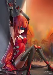 Rule 34 | 196502, 1girl, armpits, arms up, belt, blindfold, blunt bangs, breasts, cleavage, clenched teeth, crimson avenger (elsword), dated, elesis (elsword), elsword, hands up, highres, long hair, medium breasts, pantyhose, red hair, restrained, sitting, sleeved gloves, solo, teeth, thighs, very long hair
