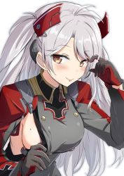 Rule 34 | 1girl, azur lane, bad id, bad twitter id, blush, breasts, brown eyes, cross, gloves, gotyou, grey gloves, grey hair, grey jacket, hand under clothes, headgear, iron cross, jacket, large breasts, long hair, long sleeves, looking at viewer, mole, mole on breast, prinz eugen (azur lane), sideboob, simple background, smile, solo, tongue, tongue out, white background
