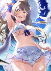 Rule 34 | 1girl, bikini, bird, blue bow, blue ribbon, bow, breasts, brown hair, cleavage, cloud, earrings, hair bow, jewelry, kitahara tomoe (kitahara koubou), large breasts, long hair, looking at viewer, love live!, love live! school idol project, minami kotori, ocean, one side up, open mouth, outdoors, panties, pantyshot, ribbon, seagull, sky, smile, solo, standing, swimsuit, swimsuit skirt, thighs, underboob, underwear, yellow eyes