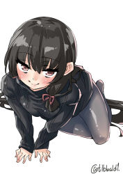 Rule 34 | 1girl, bad id, bad twitter id, black hair, black pantyhose, black sweater, blush, breasts, brown eyes, closed mouth, ebifurya, hair between eyes, hair ribbon, highres, inactive account, isokaze (kancolle), kantai collection, leaning forward, long hair, long sleeves, looking at viewer, medium breasts, no shoes, pantyhose, red ribbon, ribbon, sidelocks, simple background, sitting, smile, solo, sweater, twitter username, very long hair, white background