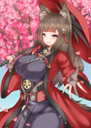Rule 34 | 1girl, absurdres, amagi (azur lane), animal ear fluff, animal ears, azur lane, breasts, brown hair, cherry blossoms, coat, cowboy shot, fox ears, fox girl, highres, holding, holding umbrella, japanese clothes, kimono, kitsune, large breasts, long hair, looking at viewer, metal belt, oil-paper umbrella, okine (okine691), open clothes, open coat, outstretched arm, petals, purple eyes, purple kimono, red coat, red umbrella, sakuramon, solo, umbrella, wide sleeves