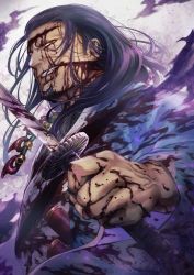 Rule 34 | 1boy, aion kiu, bad id, bad pixiv id, black hair, blood, blood on face, bloody weapon, facial hair, fate/grand order, fate (series), fighting stance, goatee, grin, hair slicked back, haori, holding, holding sword, holding weapon, japanese clothes, katana, male focus, red eyes, serizawa kamo (fate), smile, solo, sword, upper body, weapon