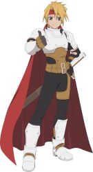 Rule 34 | 1boy, armor, belt buckle, black eyes, blonde hair, boots, buckle, cape, commentary, cress albane, english commentary, full body, gloves, hand on own hip, headband, highres, leather, looking at viewer, male focus, official art, red cape, red headband, shoulder armor, smile, tales of (series), tales of asteria, tales of phantasia, thumbs up