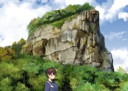 Rule 34 | 1girl, alternate costume, backpack, bag, blue sky, blue sweater, brown eyes, brown hair, cloud, cloudy sky, commentary request, day, forest, highres, kaga (kancolle), kantai collection, long sleeves, looking at viewer, masukuza j, mountain, nature, outdoors, ribbed sweater, short hair, sky, solo, sweater