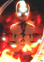 Rule 34 | 1boy, aang, abs, avatar: the last airbender, avatar legends, bald, closed mouth, fire, hydrokinesis, looking at viewer, male focus, pyrokinesis, solo, tattoo, tom skender, toned, topless male, water, wind