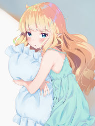 Rule 34 | 1girl, bare arms, bare shoulders, blonde hair, blue eyes, blunt bangs, blush, commentary request, dress, frilled pillow, frills, from side, green dress, highres, k mugura, long hair, looking at viewer, hugging object, parted lips, pillow, pillow hug, pointy ears, princess connect!, saren (princess connect!), sleeveless, sleeveless dress, solo, upper body, very long hair, wavy hair